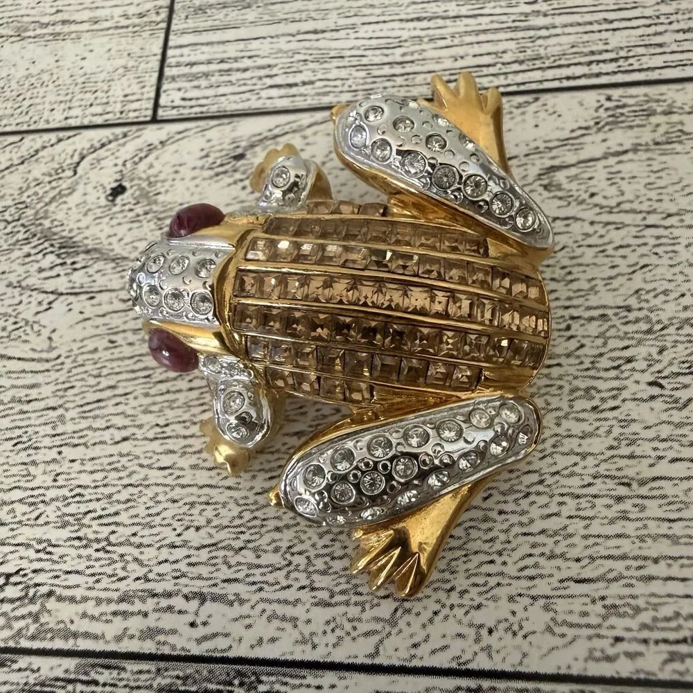 Vintage Two-Tone Frog Pin Brooch Pavé Rhinestone Red Cabochon Eyes Figural